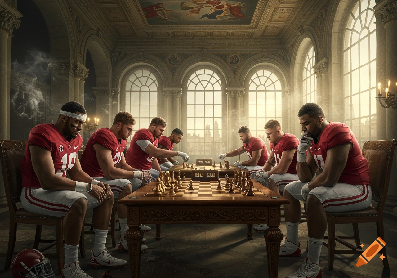 Photorealistic image of several football players in red jerseys and white pants playing chess in a grand, ornate room with large arched windows.