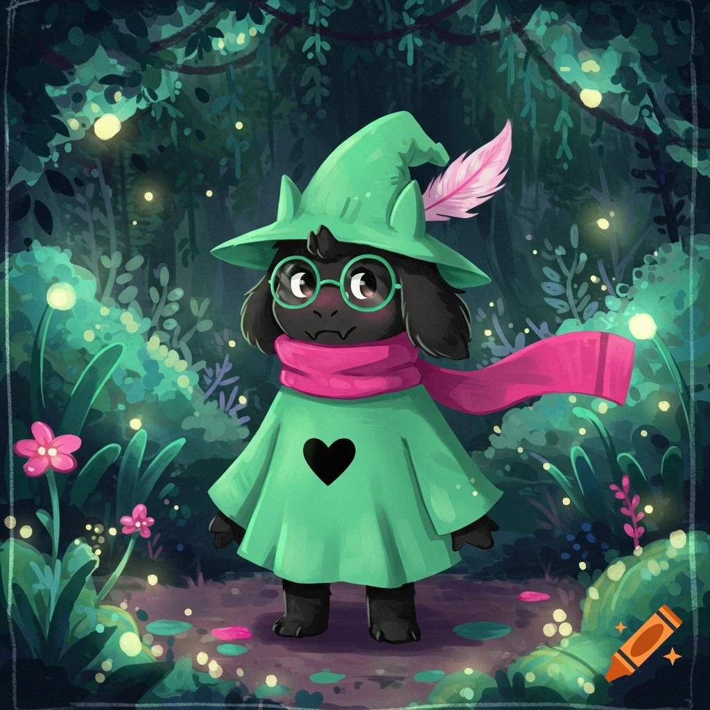 Ralsei, a black furry character in a green hat and pink scarf, stands in a whimsical, glowing forest from Deltarune.