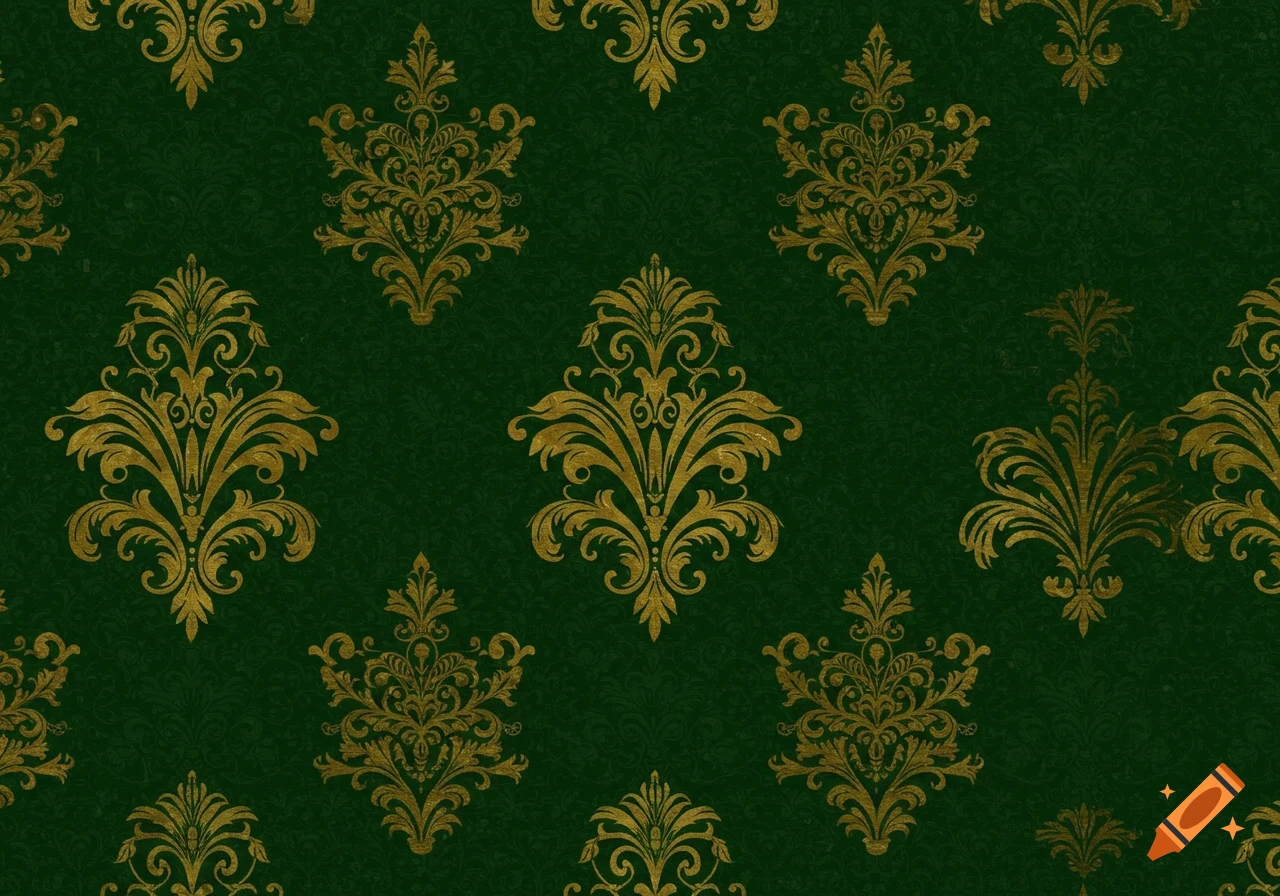 A seamless green wallpaper pattern with intricate golden damask motifs.