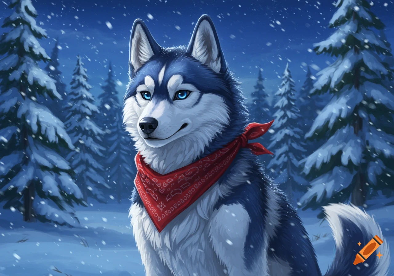 A blue and white husky with bright blue eyes and a red bandana stands in a snowy forest under falling snow, in an illustration style.