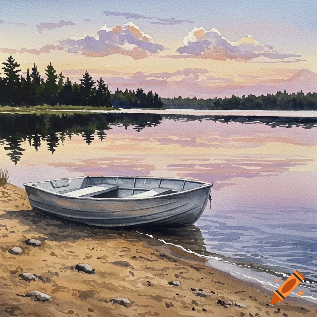Watercolor painting of an aluminum boat on a sandy lake shore with pine trees and a sunset sky.