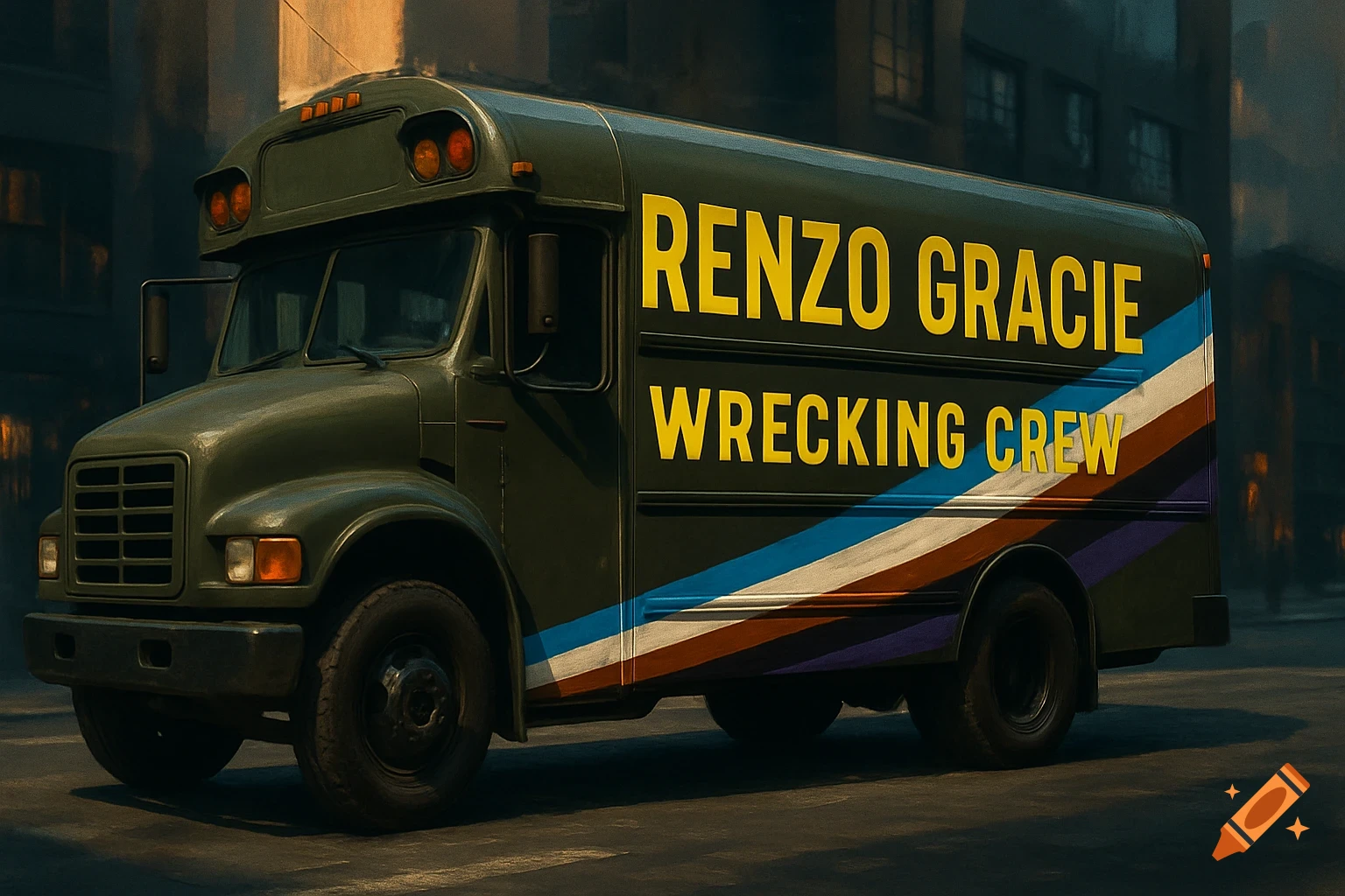 An olive green short bus with yellow text "RENZO GRACIE WRECKING CREW" and a diagonal stripe in blue, white, brown, and purple on its side, depicted in a digital art style.