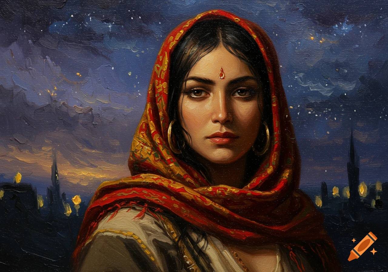 Oil painting portrait of a woman with a red headscarf, bindi, and hoop earrings against a starry night sky with distant city lights.