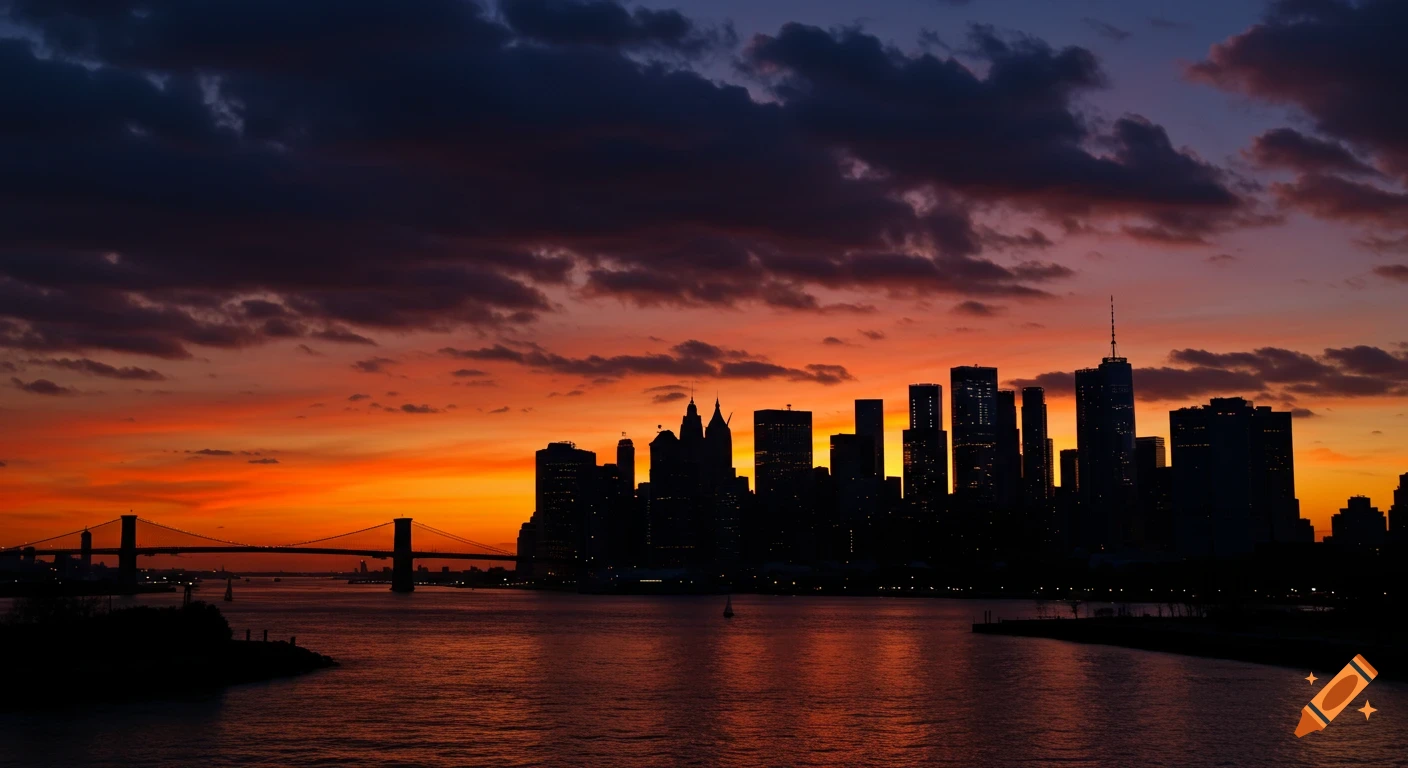 Photorealistic silhouette of the NYC skyline and a bridge against a vibrant orange and purple sunset over water.