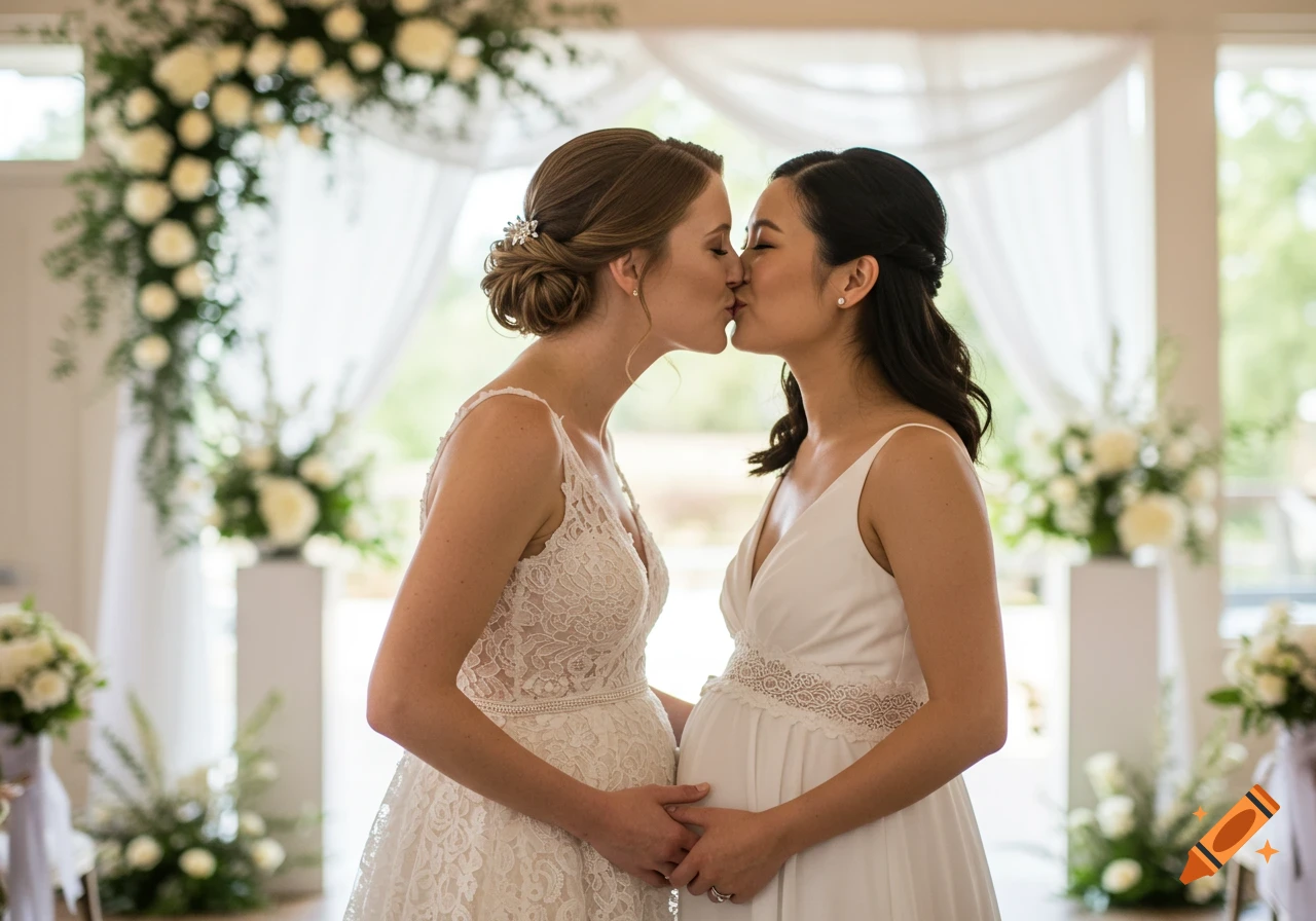 Young Caucasian woman embracing and kissing a young pregnant Asian woman in wedding dresses at a wedding ceremony.