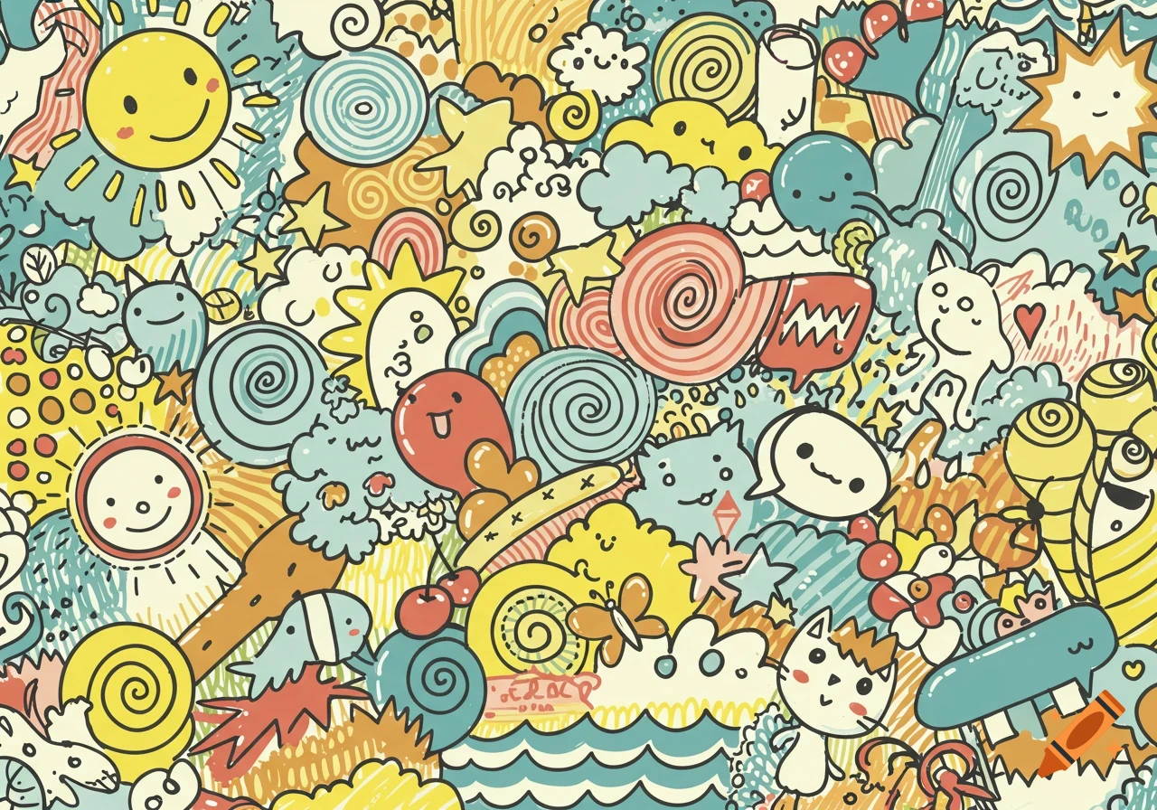 A vibrant, dense doodle pattern fills the frame, featuring whimsical cartoon suns, clouds, spirals, stars, and abstract shapes.