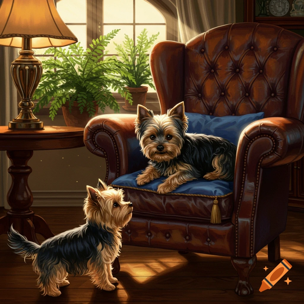 Two Yorkshire terriers in a cozy, sunlit room, one on a leather armchair and another on the wooden floor looking up. The style is detailed and painterly.