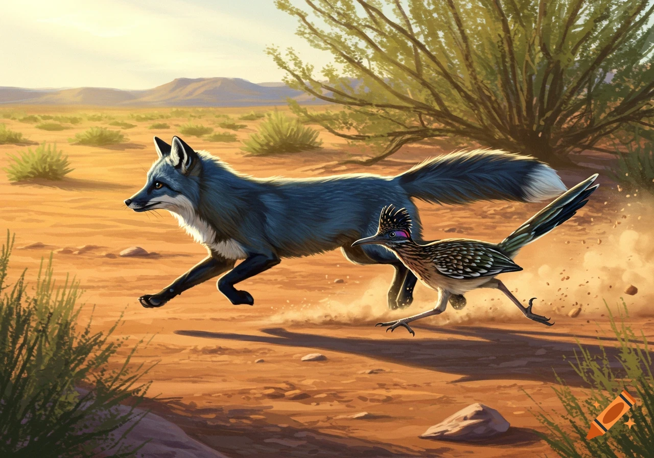 A blue fox and a roadrunner run through a sandy desert landscape under a clear sky, in an illustrated style.