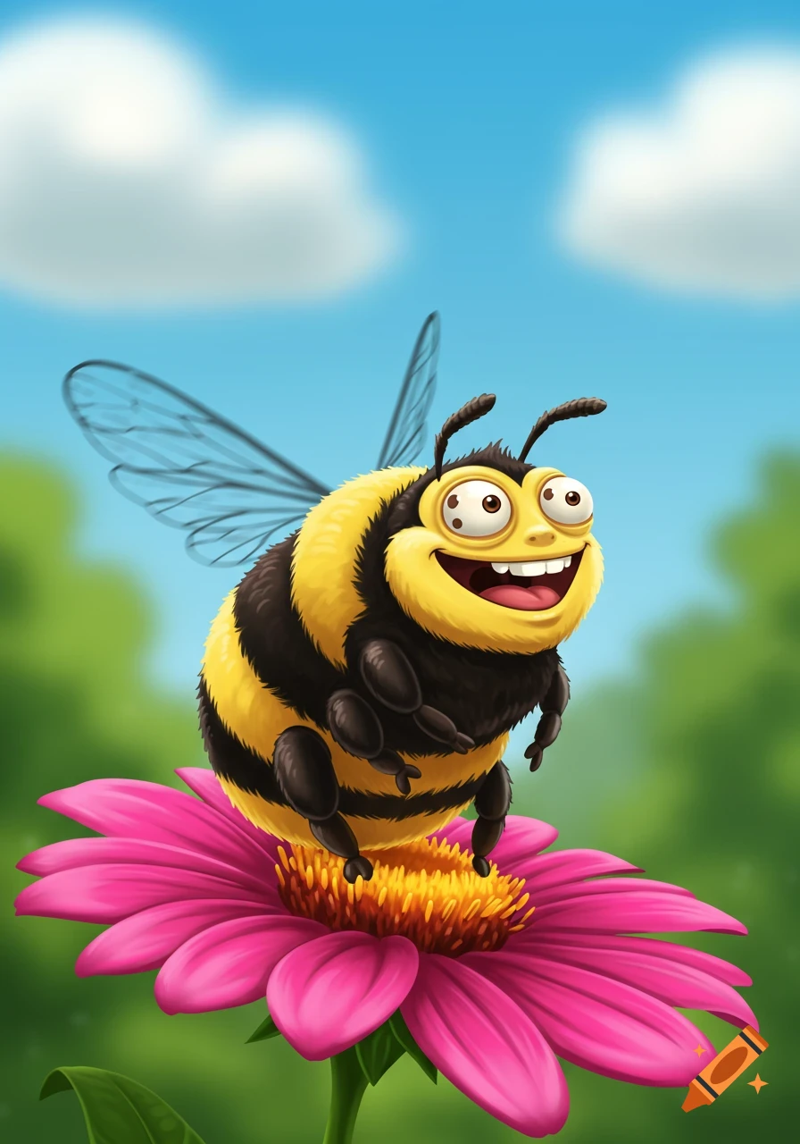 A cute cartoon bumblebee with a silly, wide-eyed face sitting on a vibrant pink flower with a yellow center, against a blue sky.