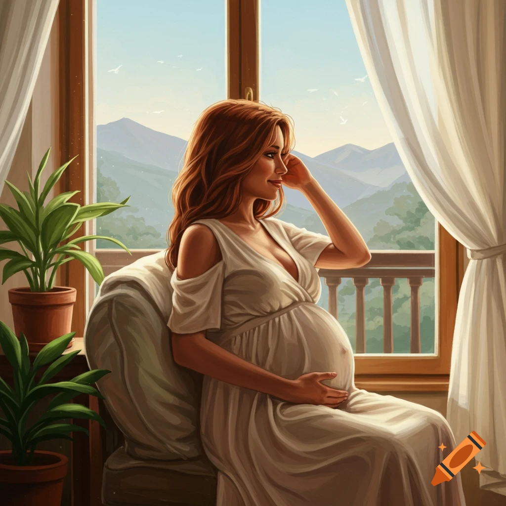 A pregnant woman in a white dress sits by a window, looking out at mountains, in a painterly style.