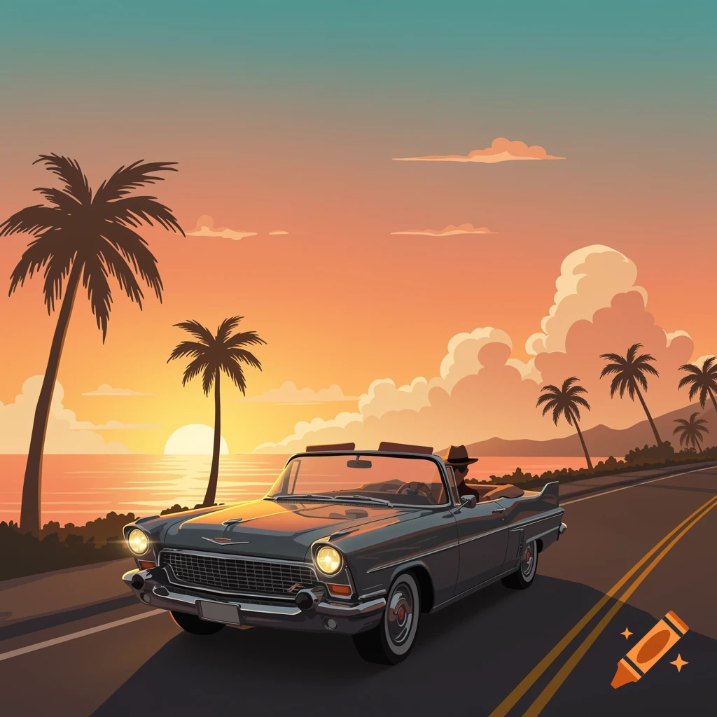 Illustration of a vintage convertible car driving along a coastal road at sunset with palm trees.