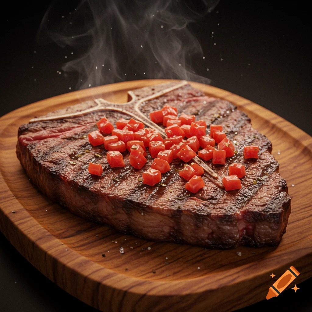A photorealistic t-bone steak with diced tomatoes on a wooden serving board, steaming.