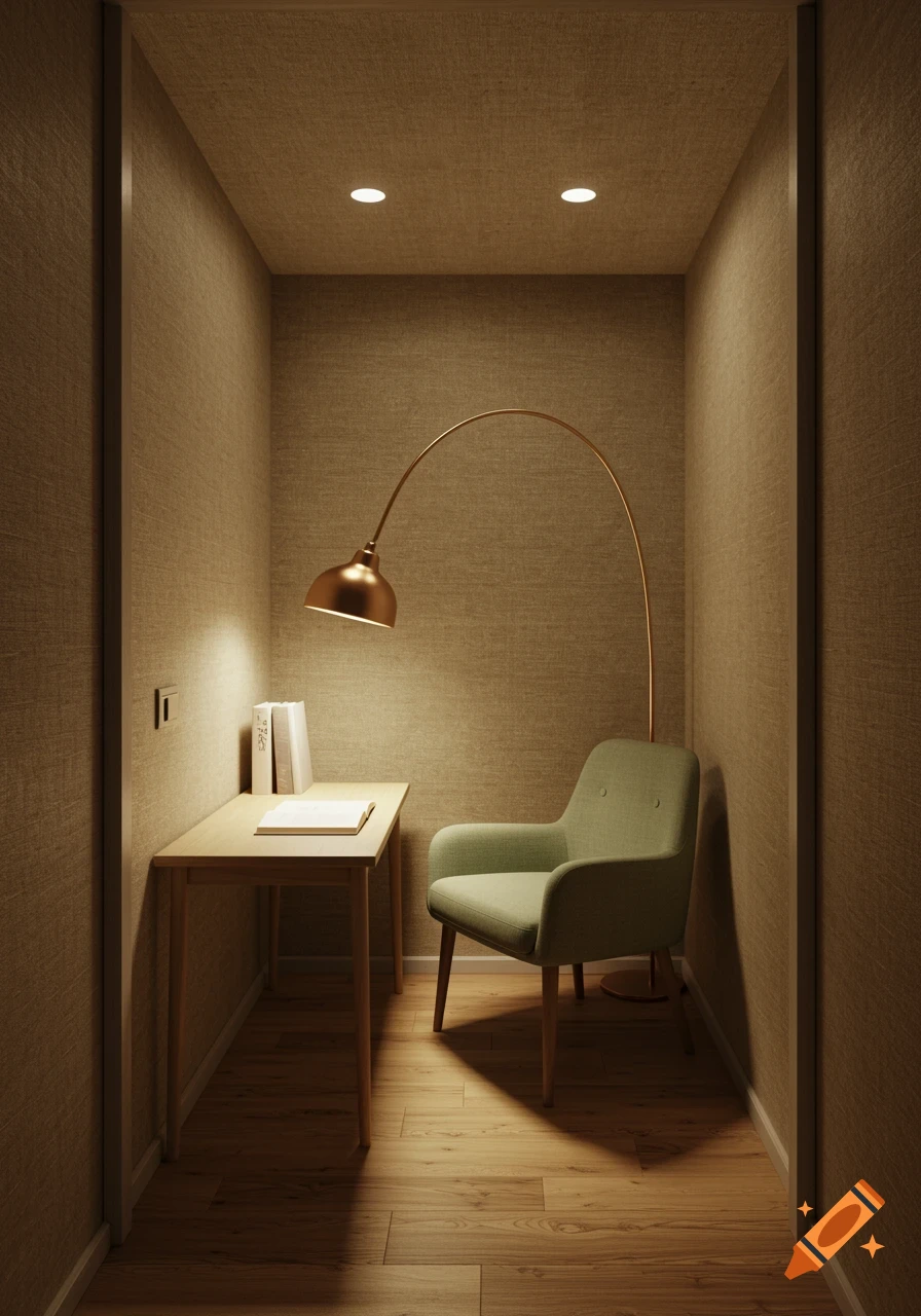 A photorealistic image of a cozy, small study room with a desk, a green armchair, a tall arched lamp, and wooden floors.