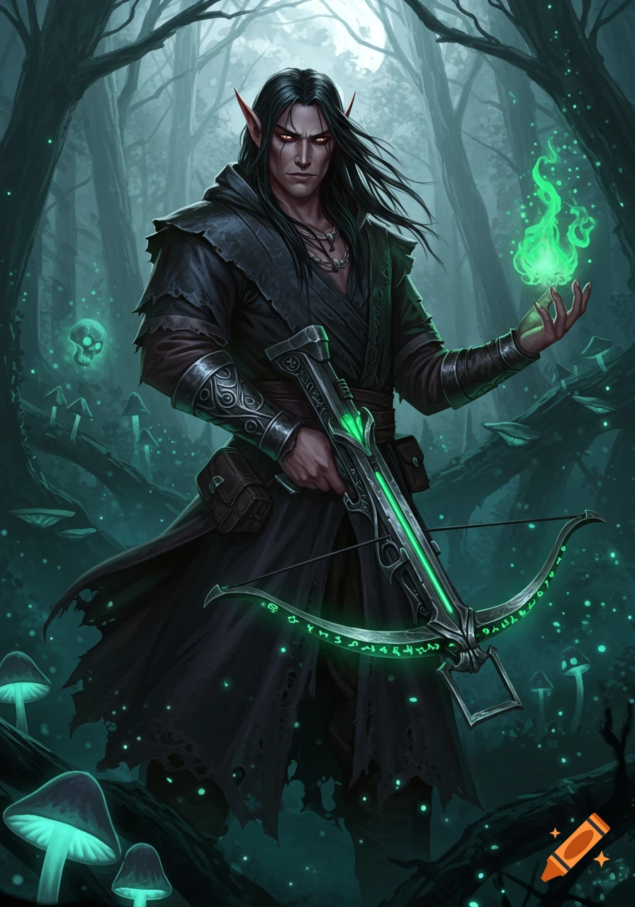 A dark elf warlock with long black hair holds a glowing green crossbow and magic in a mystical forest with glowing mushrooms.