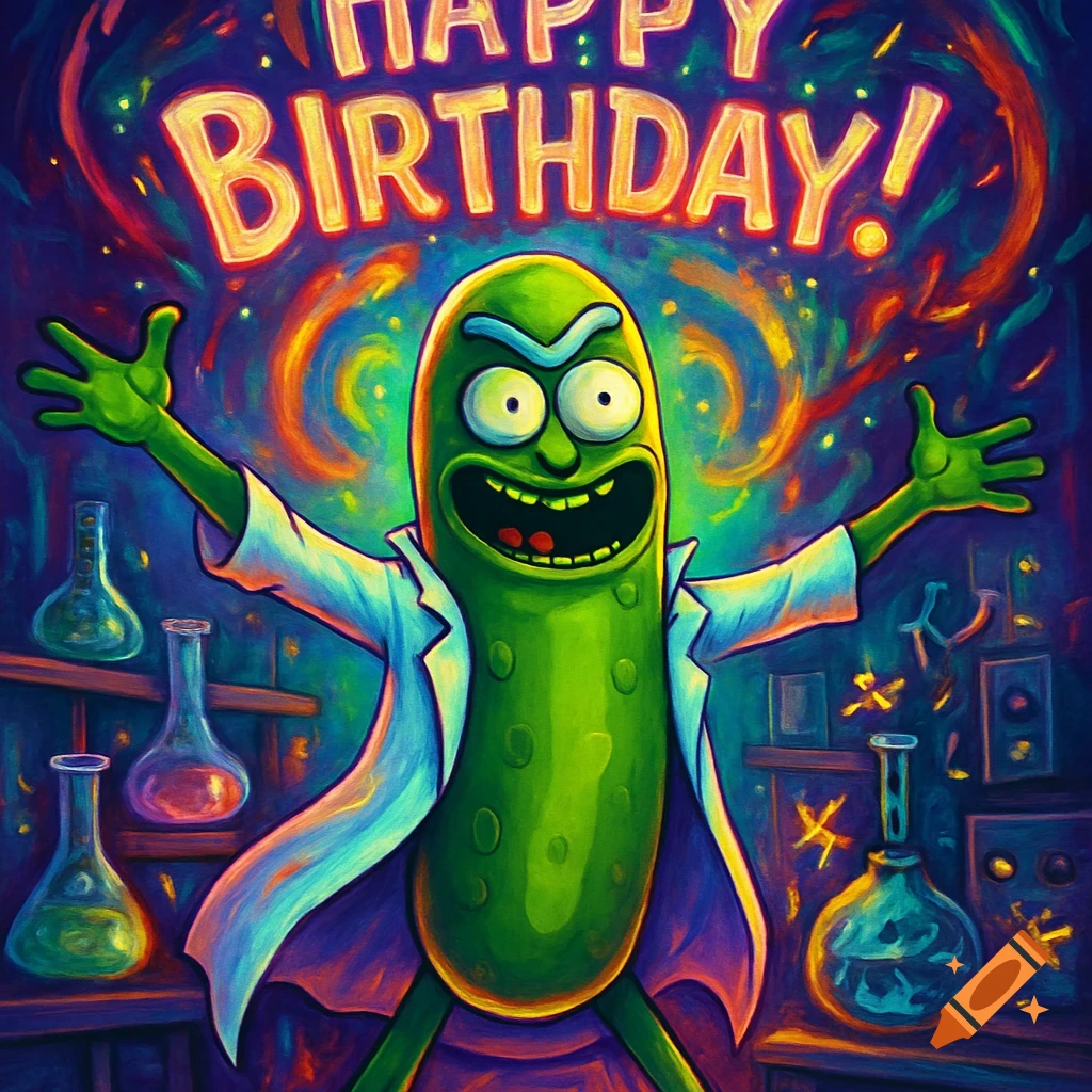 Pickle Rick in a lab coat with arms outstretched, in a vibrant, colorful lab, with 'HAPPY BIRTHDAY!' above him.