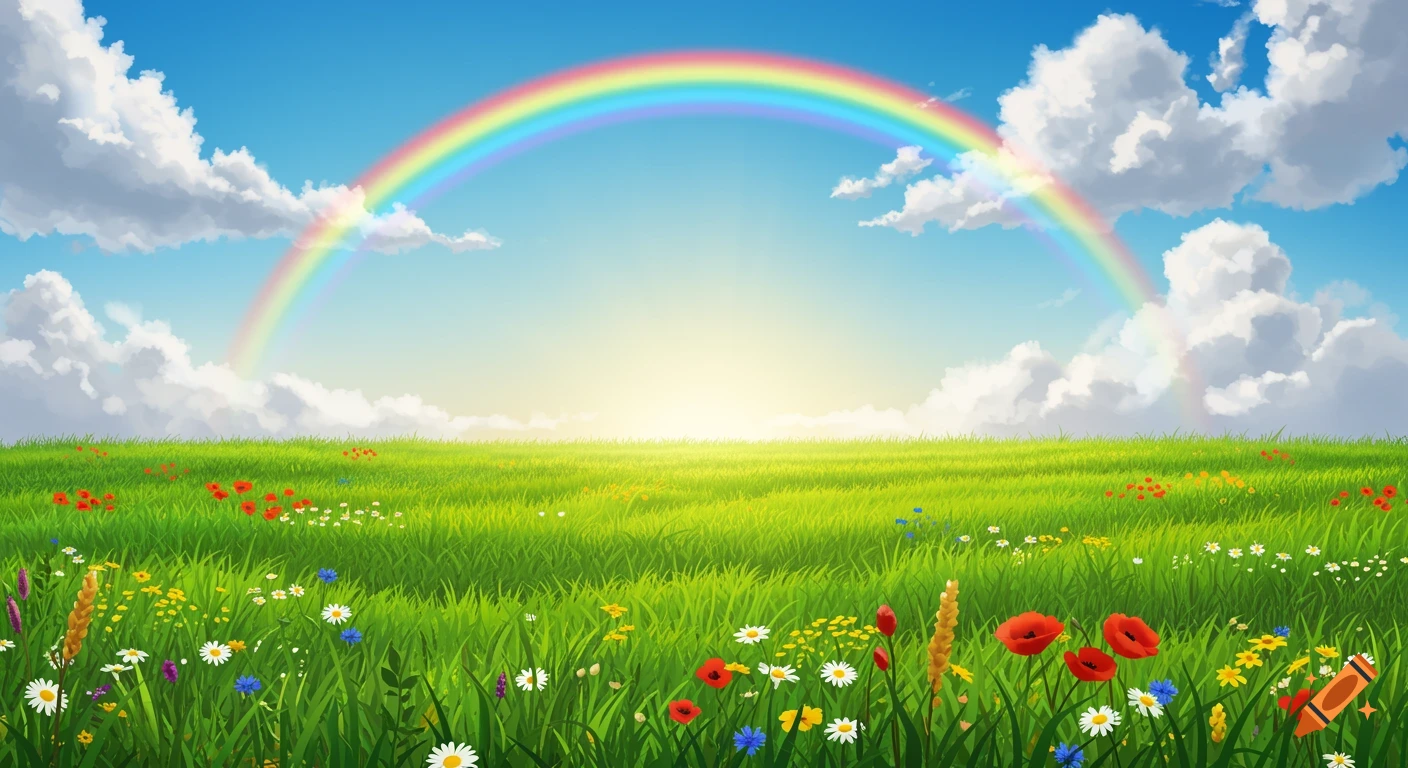 Vibrant green field with wildflowers under a bright blue sky, fluffy white clouds, and a large, colorful rainbow arching overhead.