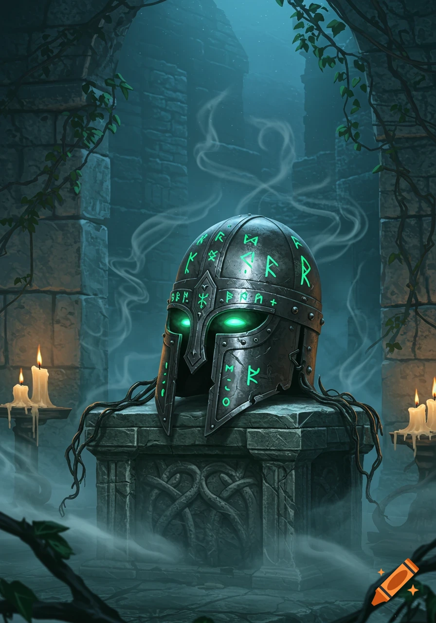 A medieval helm with glowing green runes sits on a stone pedestal in a misty, vine-covered ruin.