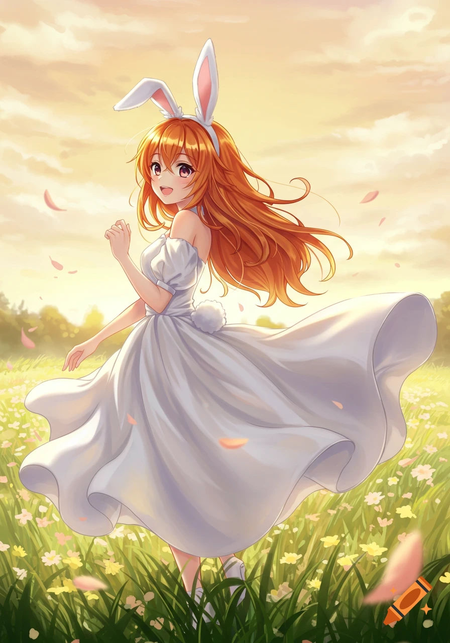 Anime woman with orange hair and bunny ears in a white dress, smiling in a sunny wildflower field with falling petals.