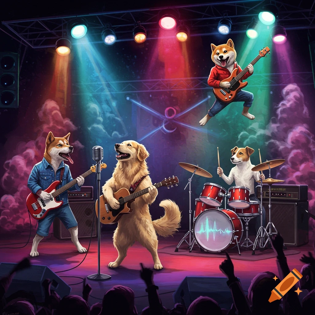 A vibrant image of four anthropomorphic dogs playing rock music on a stage with colorful spotlights and a cheering crowd.