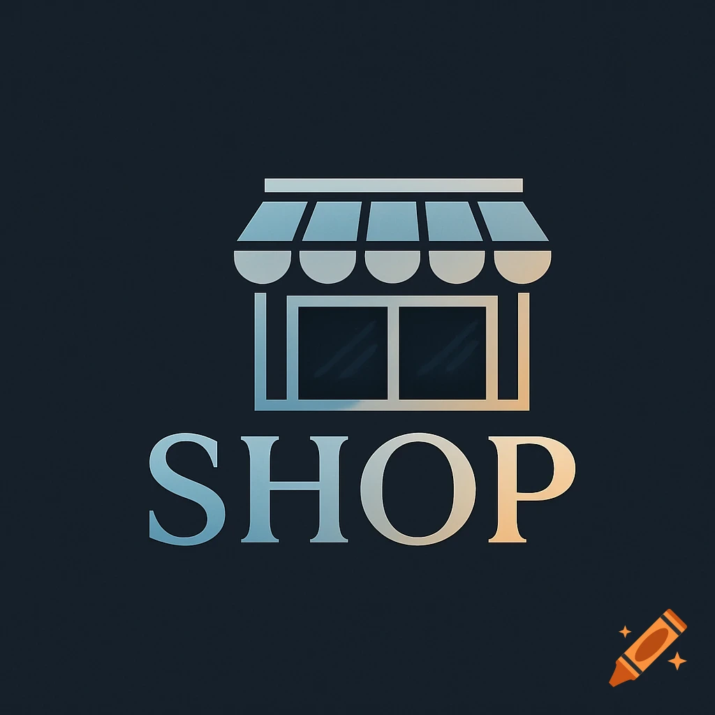 Minimalist icon of a shop building with an awning and two windows, with the word 'SHOP' below it, on a dark background.