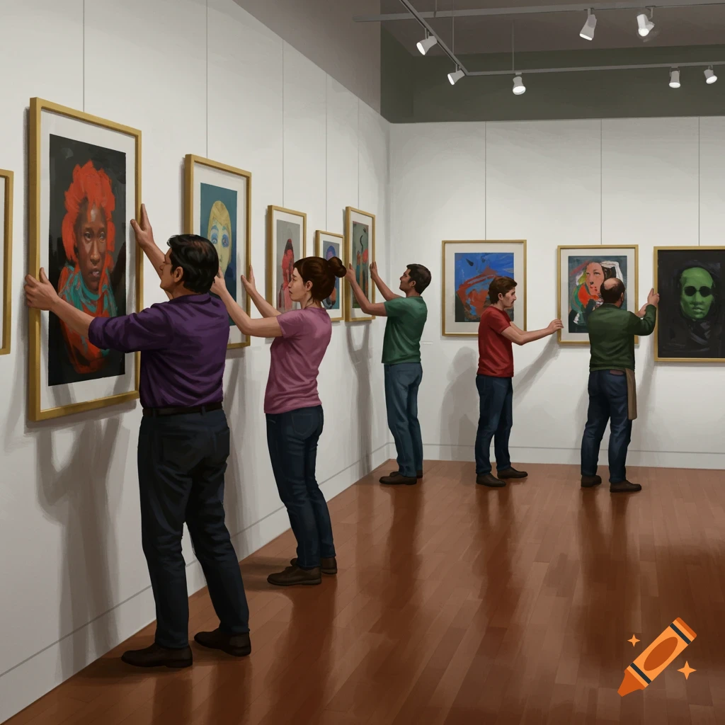 Several people hang various framed abstract and portrait paintings on white walls in an art gallery.