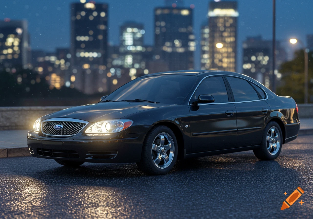 A black Ford Taurus car parked on a wet street at night, with its headlights on, against a blurred city skyline.