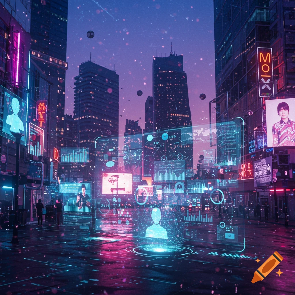 A neon-lit futuristic cityscape at night with tall buildings and glowing holographic displays showcasing data and advertisements.