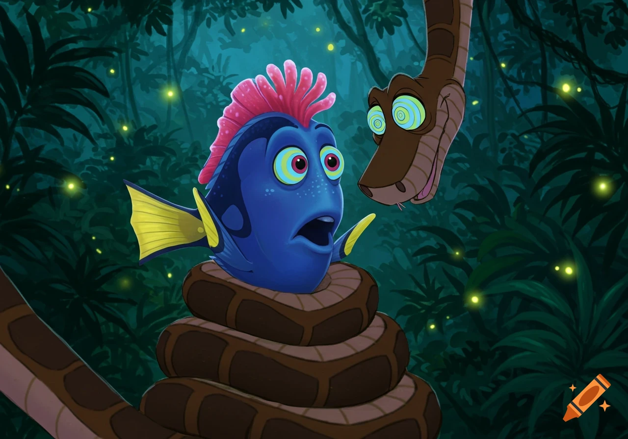 A blue cartoon fish with a pink mohawk is coiled by a brown snake with hypnotic eyes in a dark jungle.