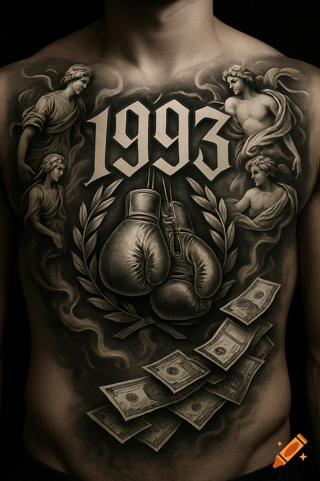 Detailed grayscale torso tattoo featuring '1993', boxing gloves, ancient figures, and money.