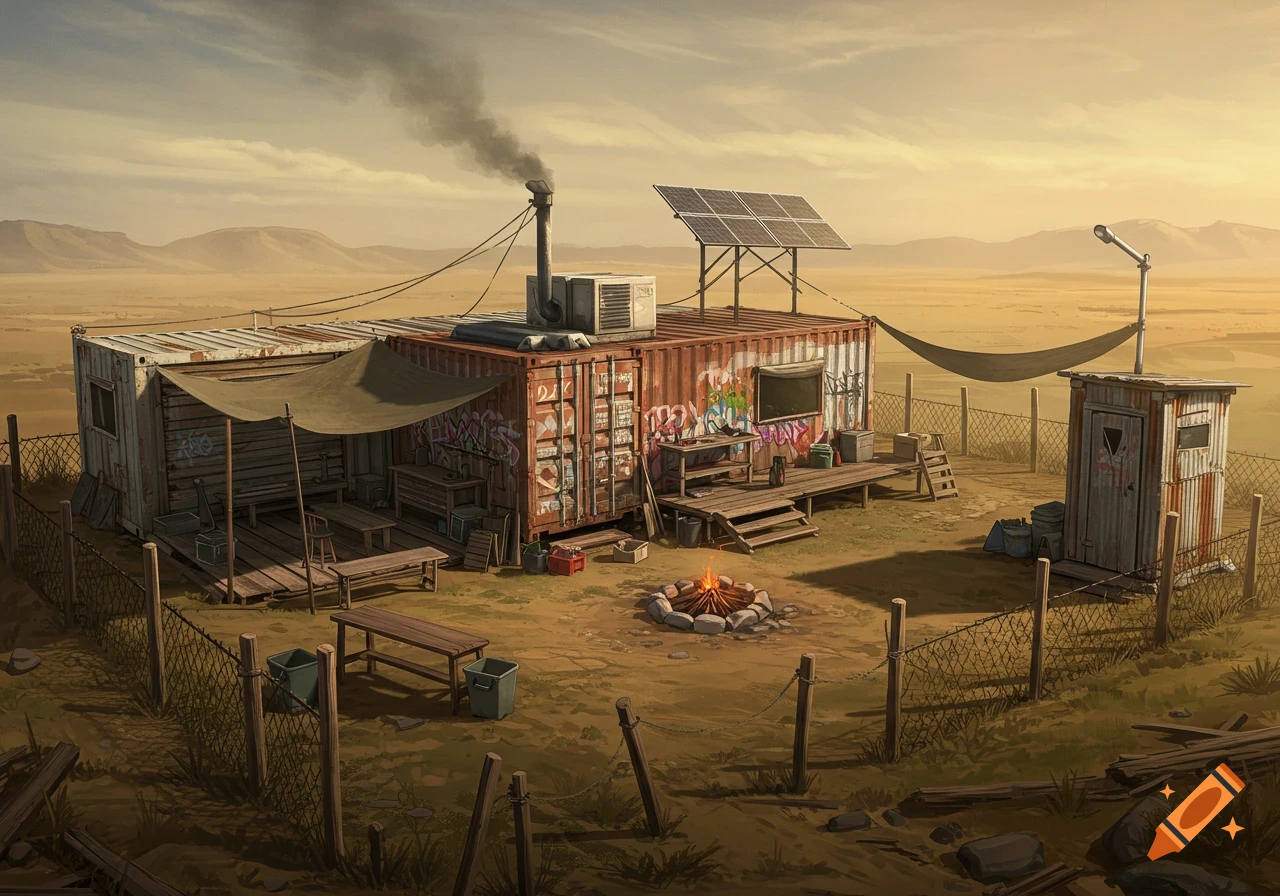 A post-apocalyptic shelter with shipping containers, a popup canopy, a solar array, and a firepit in a desert landscape.