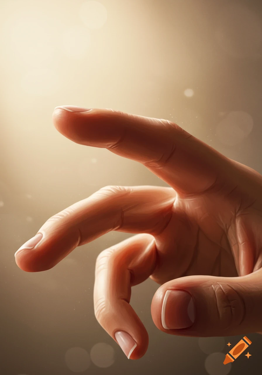 Close-up photorealistic image of a human hand with fingers extended against a warm, blurred background with bokeh.