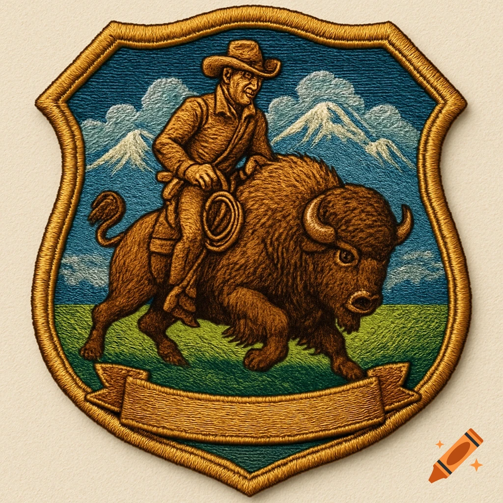 Embroidered patch showing a cowboy riding a buffalo in a mountain landscape.