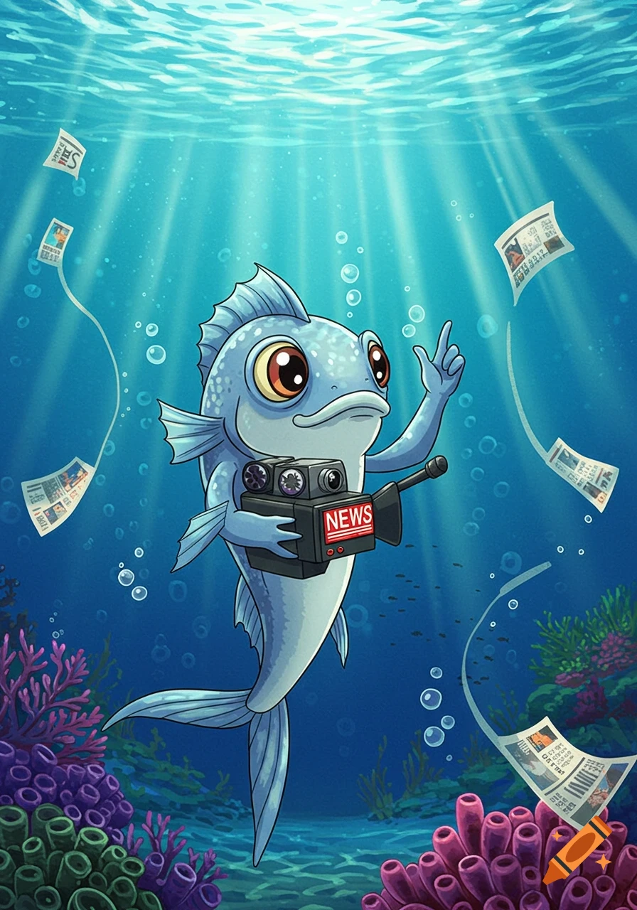 An anime style fish holding a news camera swims underwater surrounded by floating newspapers and colorful coral.