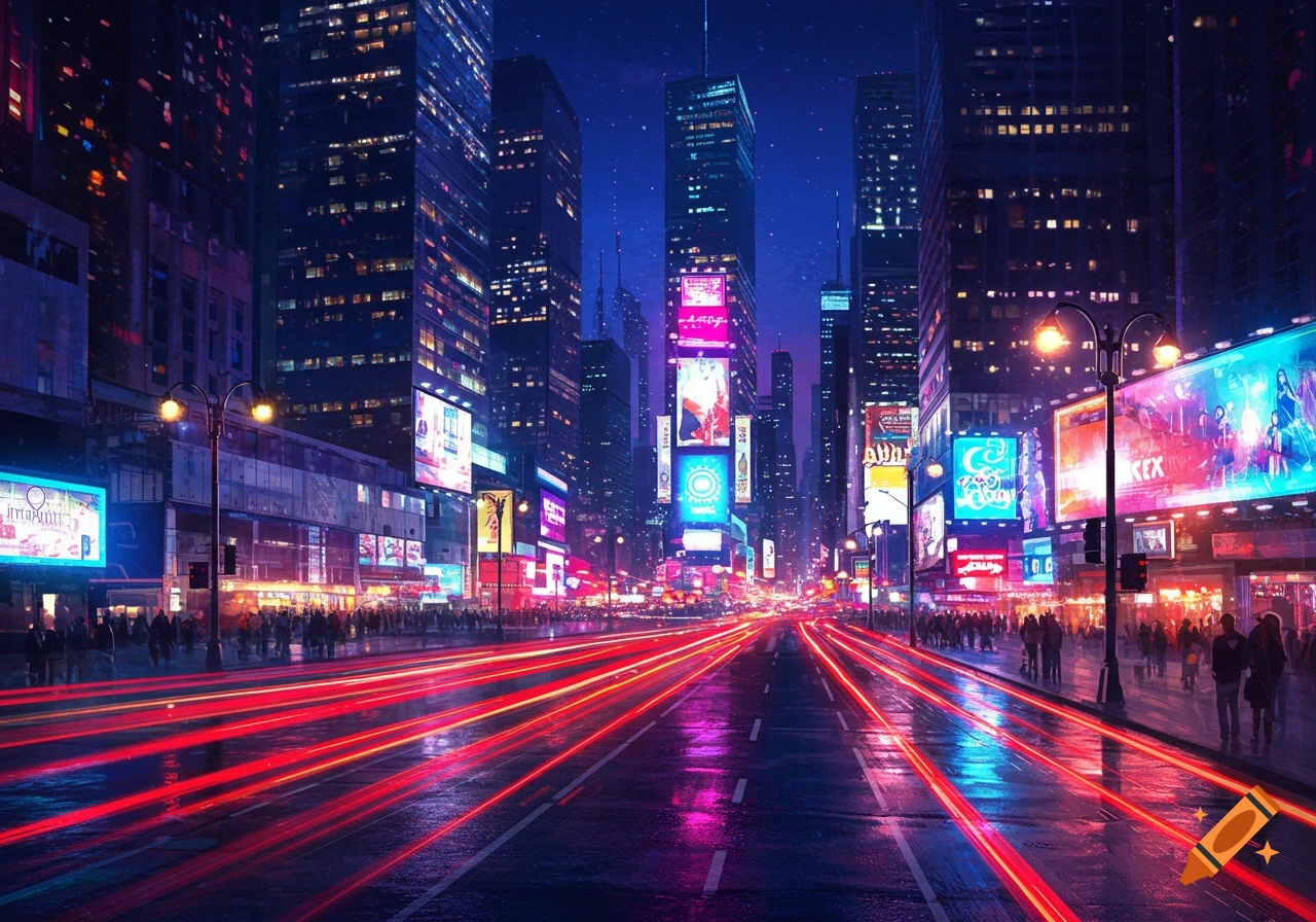 A vibrant night cityscape with tall buildings, bright neon billboards, and red light trails on a wet street.