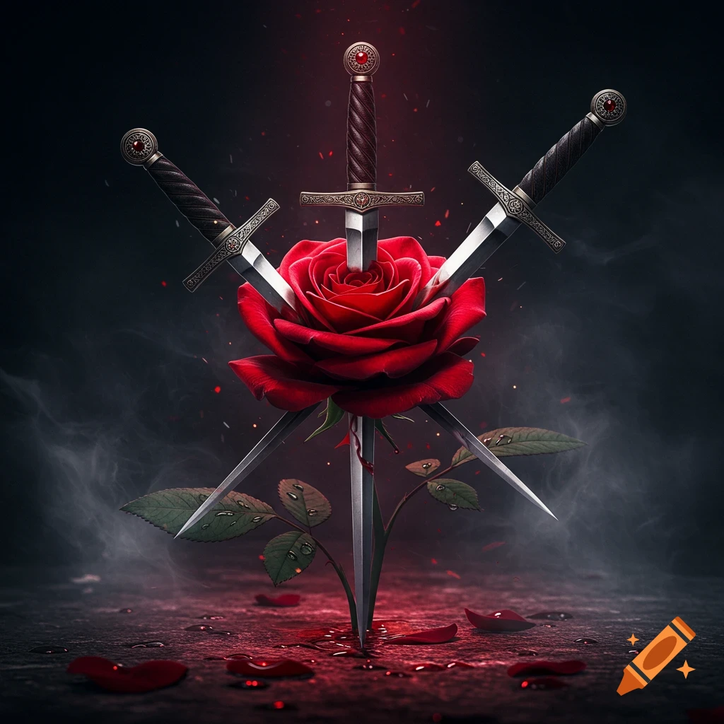 Three ornate swords piercing a vibrant red rose, standing on dark ground with scattered petals and dramatic lighting.