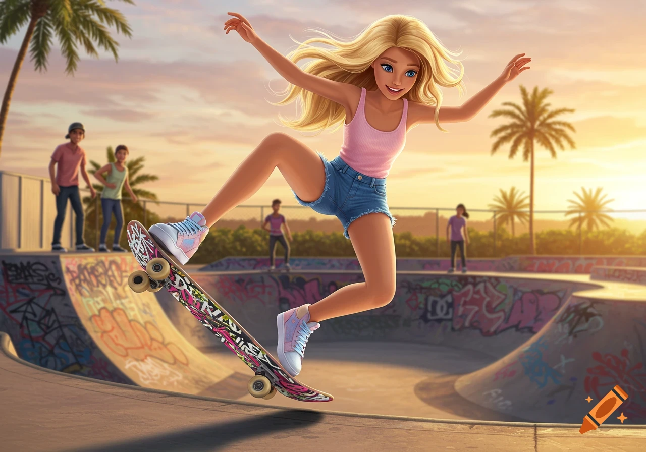 A smiling Barbie doll in a pink top and denim shorts balances on a skateboard mid-air at a colorful skatepark during sunset. Other people are in the background.