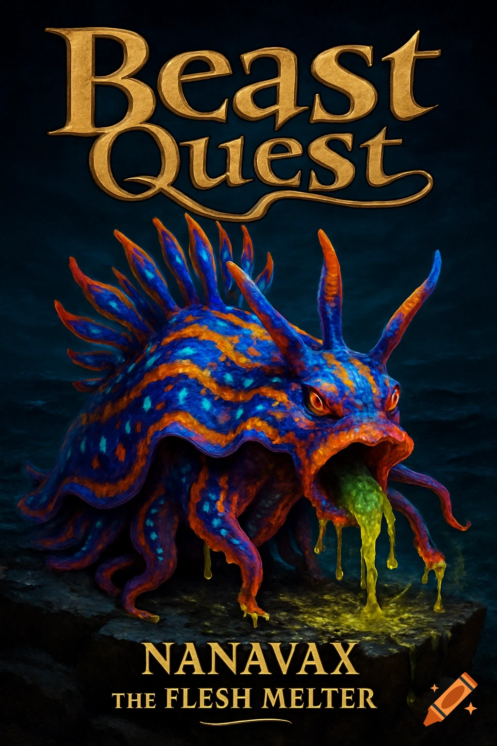 A vibrant book cover featuring a blue and orange slug-like monster dripping green goo, with the titles 'Beast Quest' and 'NANAVAX THE FLESH MELTER'.