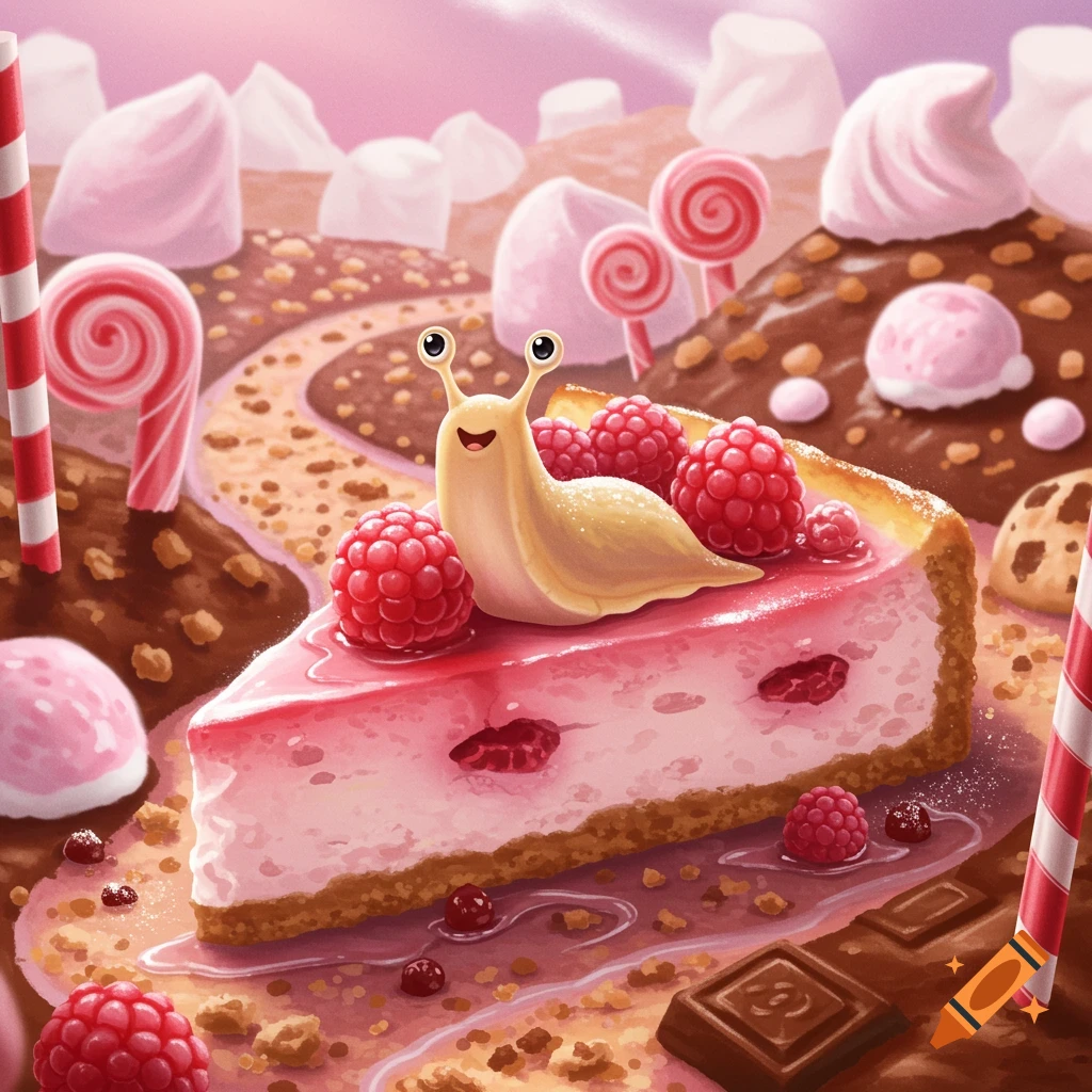A cute slug sits on a slice of raspberry cheesecake in a vibrant candy land with lollipops and chocolate mountains.