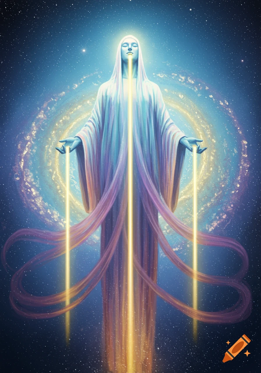 An ethereal deity-like figure in glowing robes stands in a starry cosmic background with a swirling galaxy.