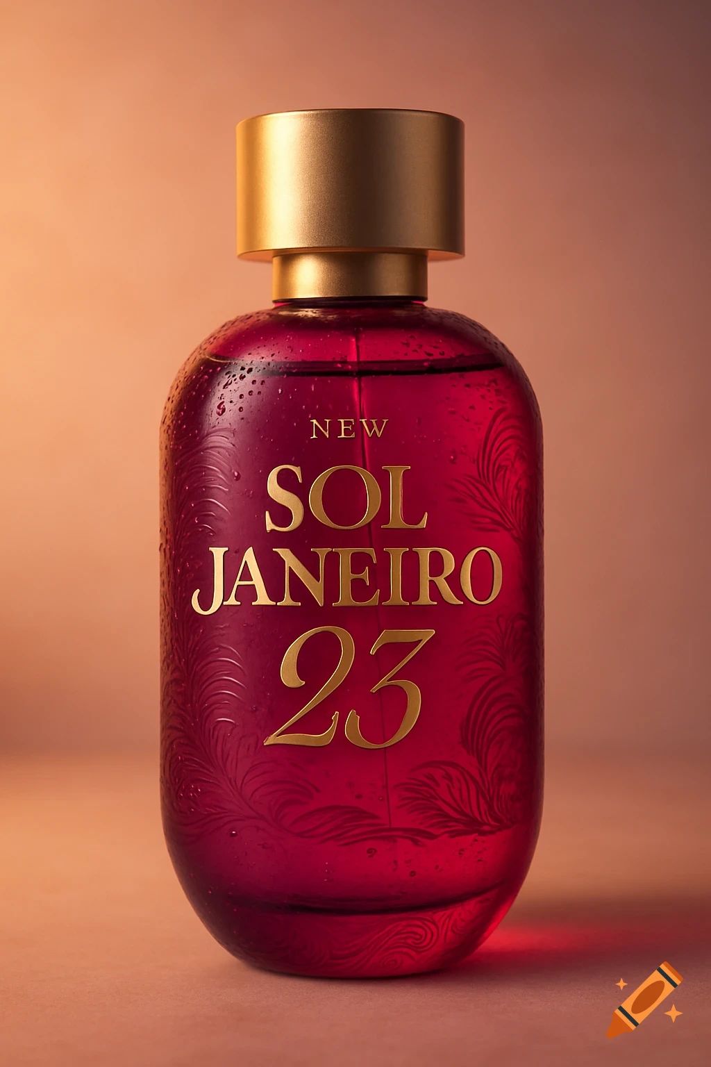 A close-up, photorealistic shot of a red perfume bottle with a gold cap, featuring gold text that reads "NEW SOL JANEIRO 23" and subtle floral engravings. The bottle is covered in small water droplets and set against a soft peach background.