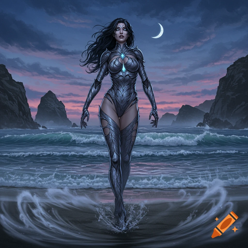 A fantasy illustration of a woman in dark, futuristic armor standing in shallow ocean water on a beach at dusk, with a crescent moon in the sky.