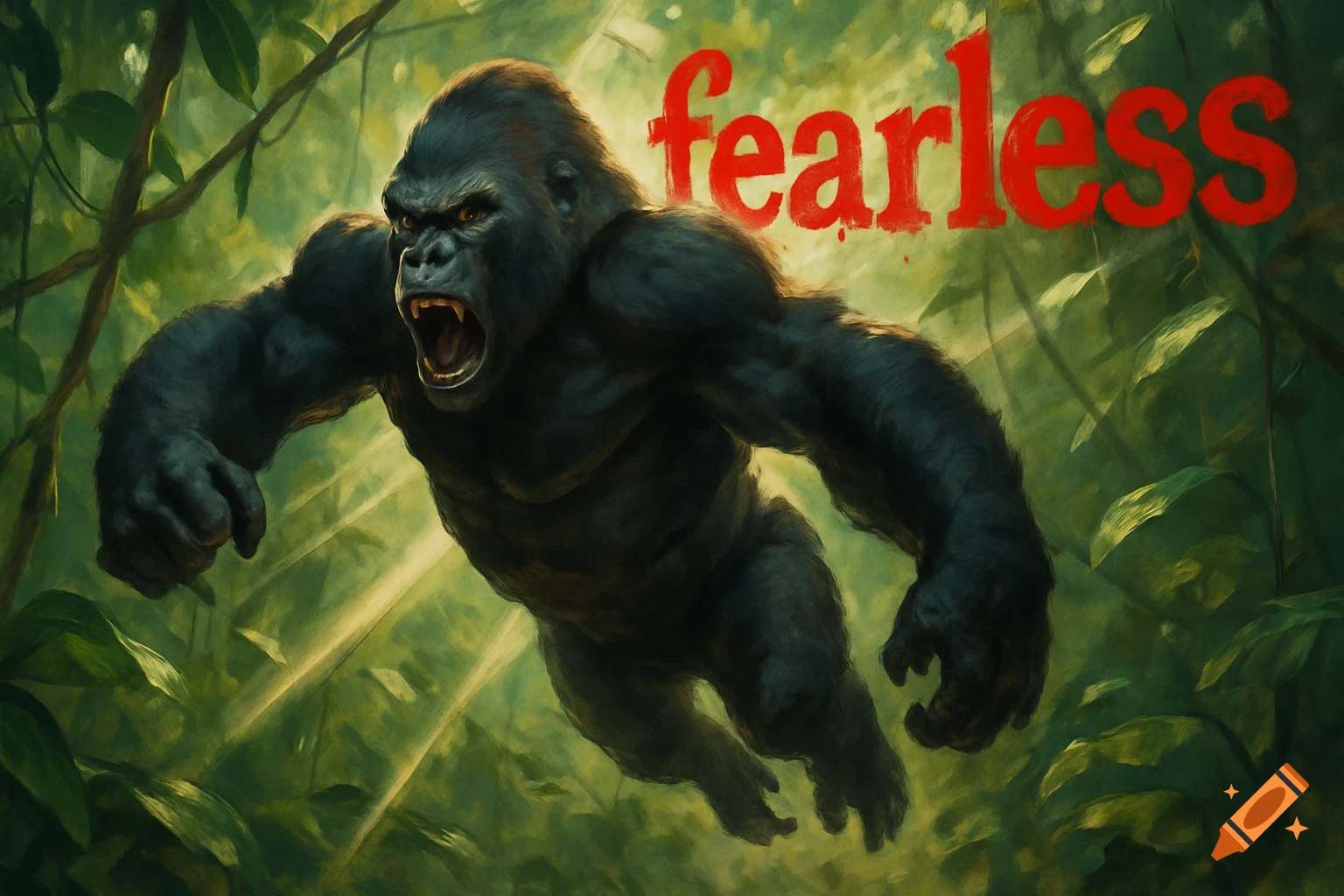 A fierce gorilla leaps forward in a lush green jungle, with the red word 'fearless' across the top. Illustrated.