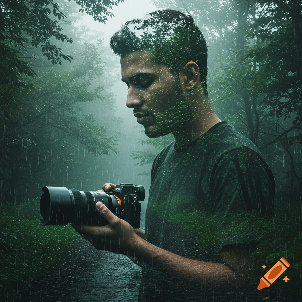 Photorealistic double exposure of a man holding a camera, blended with a rainy forest.