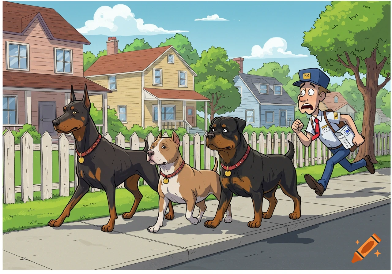 A cartoon mailman runs scared across a suburban street from a doberman, pitbull, and rottweiler walking on the sidewalk.
