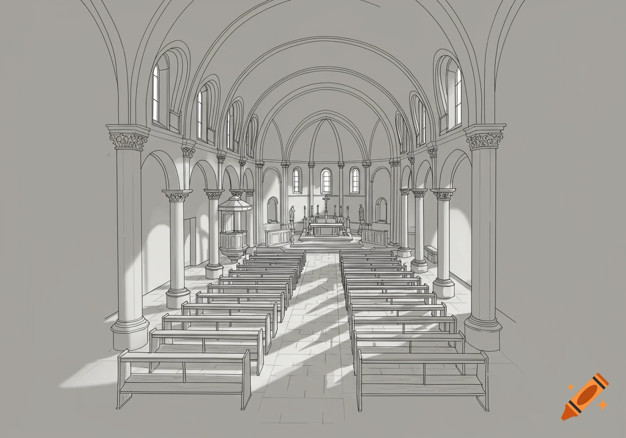 A minimalist line drawing showing the interior of a church with rows of pews leading to an altar under an arched ceiling.