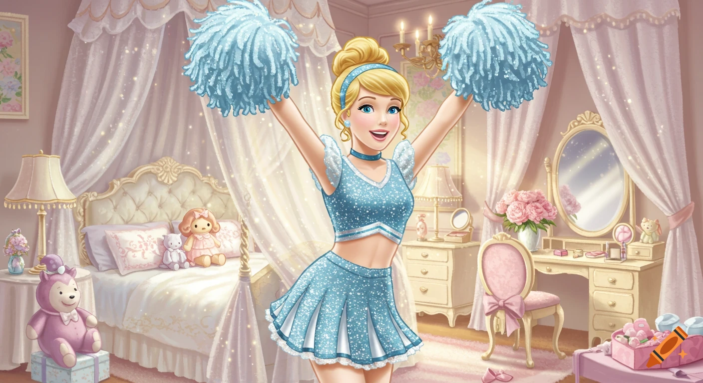 Artwork of Disney's Cinderella as a cheerleader with blue pom-poms, standing in her lavish, pink and white bedroom.