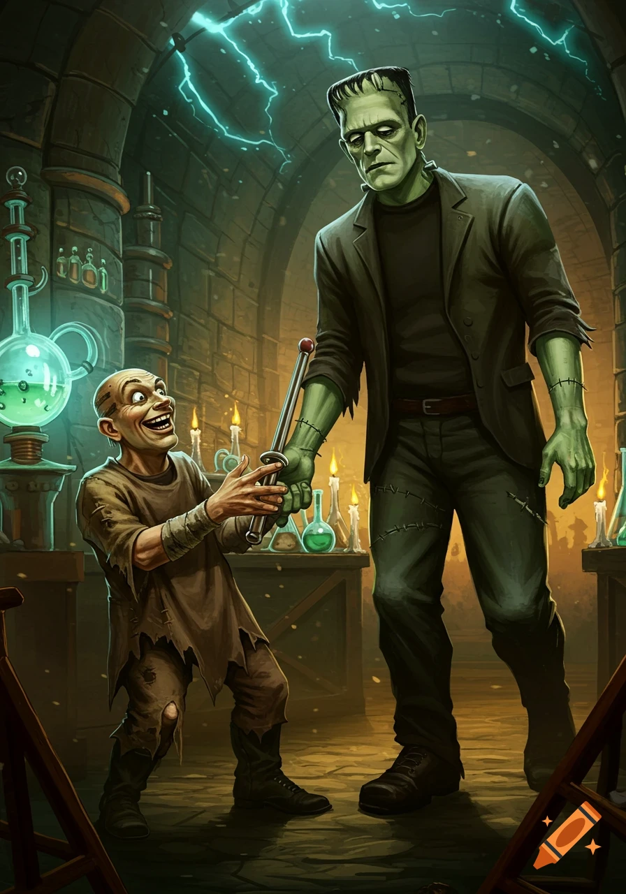 Igor, with a wide smile, hands a long staff to a solemn Frankenstein's monster in a dimly lit, electric laboratory.
