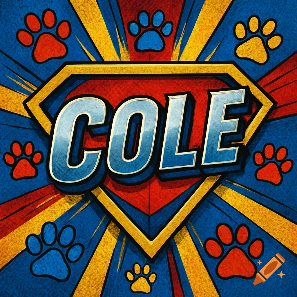 The name COLE in a superhero emblem, surrounded by comic book style rays and colorful paw prints.