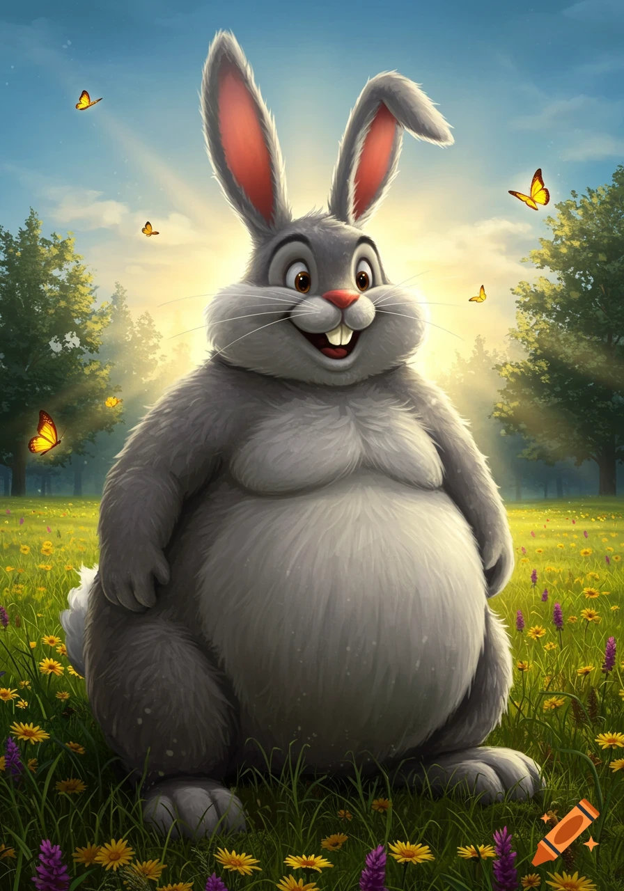 A very large, happy gray cartoon rabbit sits in a sunny field of yellow and purple wildflowers with butterflies flying around.