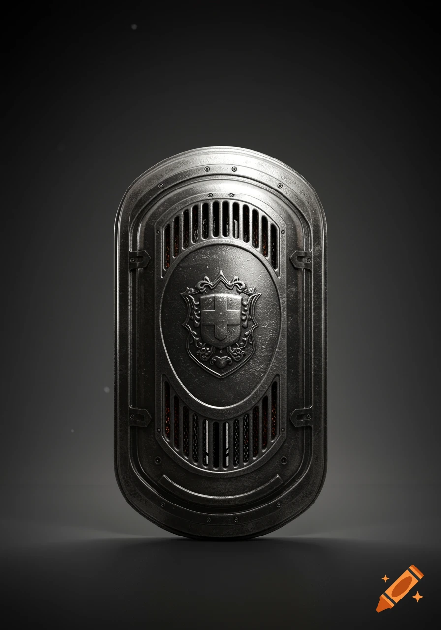 A detailed, dark metallic heater shield with a central crest, set against a dark background in a photorealistic style.